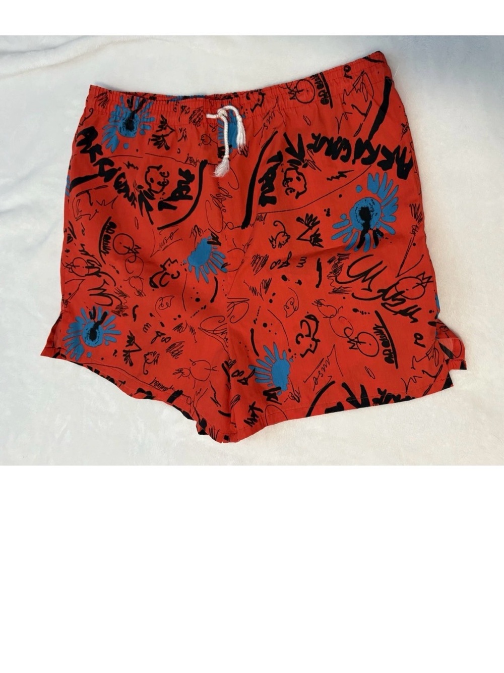 Vintage Men’s Size Medium Red W/ Black & Blue Print Swim Shorts By Salem Straits